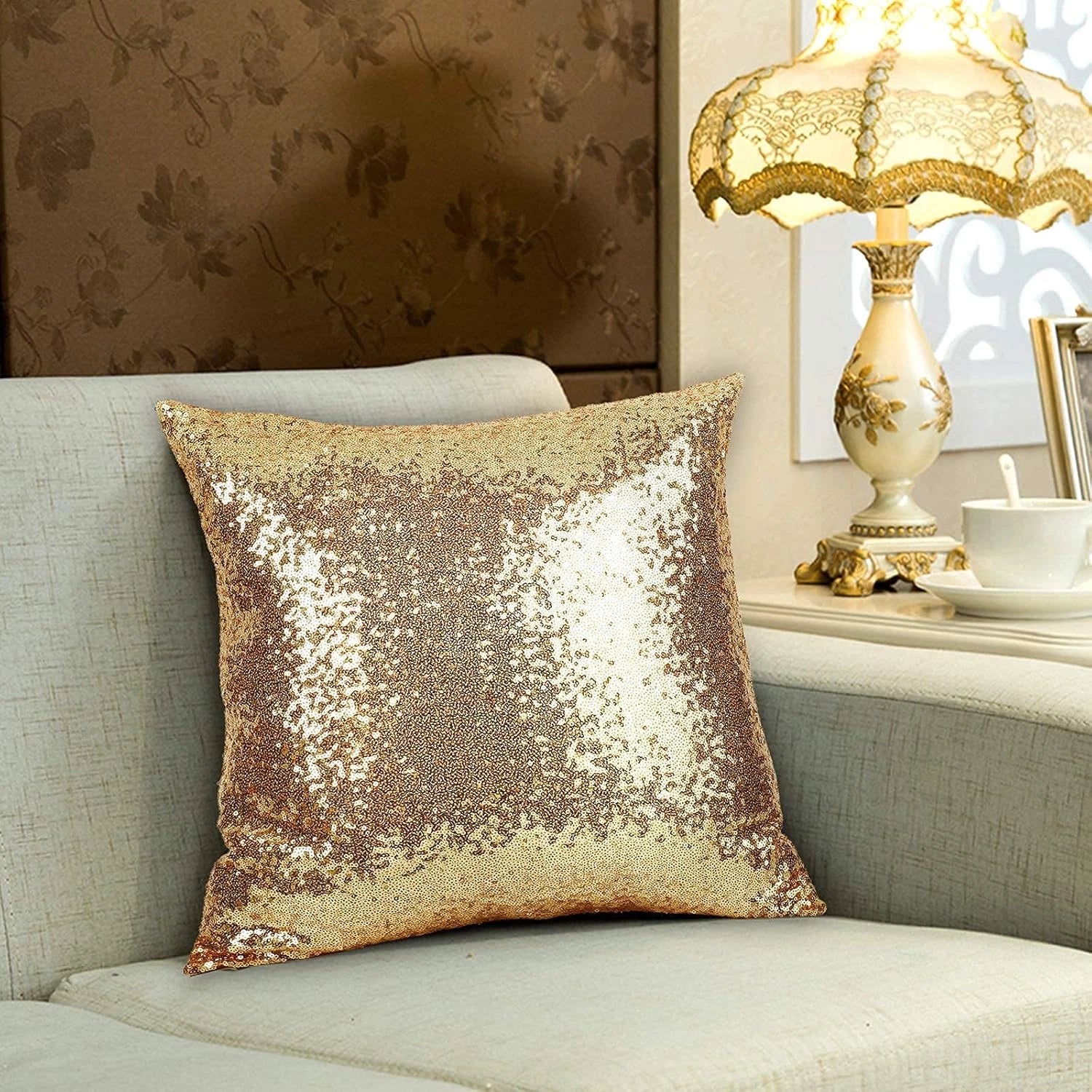 2PCS Gold Pillows Sequins Decorative Pillows,18"X18" Textile Glitter Sequins Squ