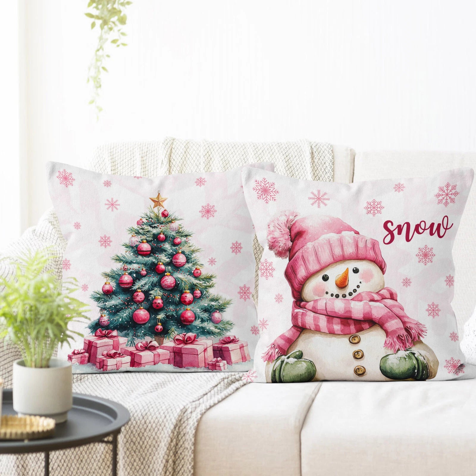 4pcs Xmas Snowman Pink Santa Claus Pillow Case Cushion Cover Sofa Home Decor