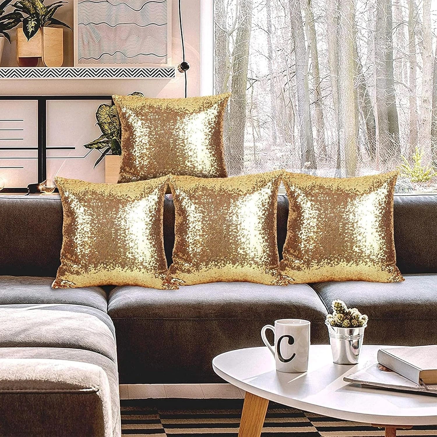 2PCS Gold Pillows Sequins Decorative Pillows,18"X18" Textile Glitter Sequins Squ