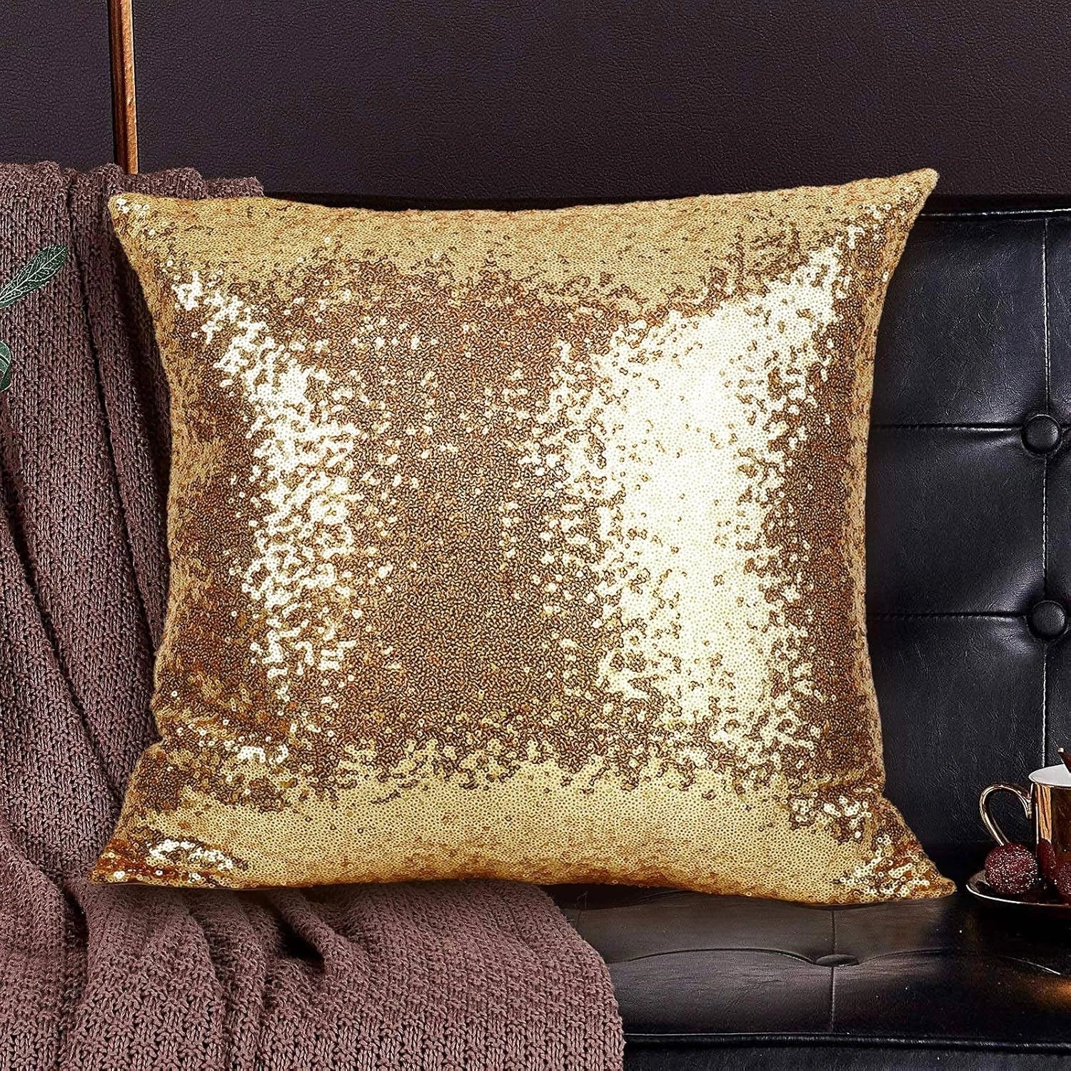 2PCS Gold Pillows Sequins Decorative Pillows,18"X18" Textile Glitter Sequins Squ