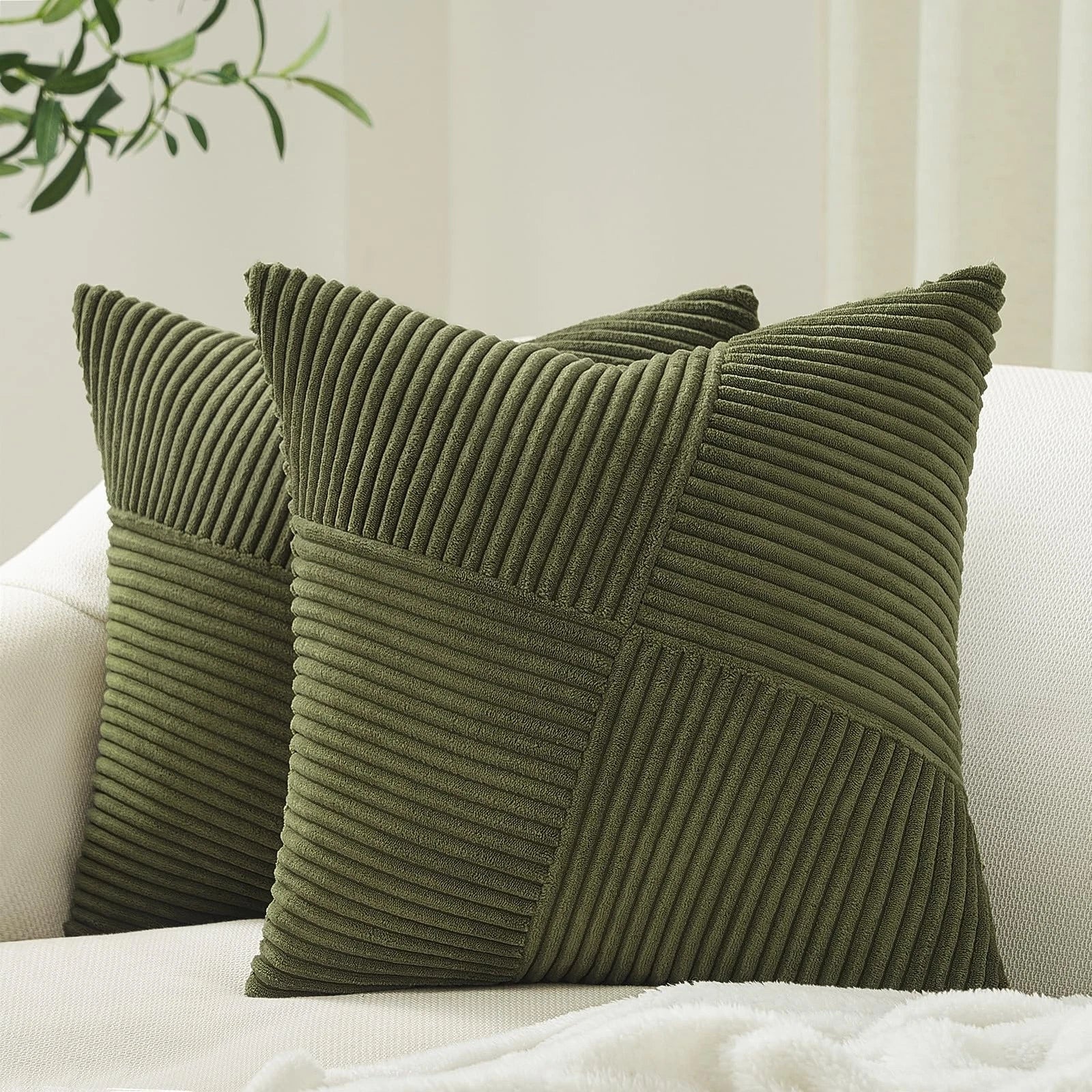26x26 inches Euro Pillow Shams Set of 2 Olive Green Corduroy Decorative Throw...