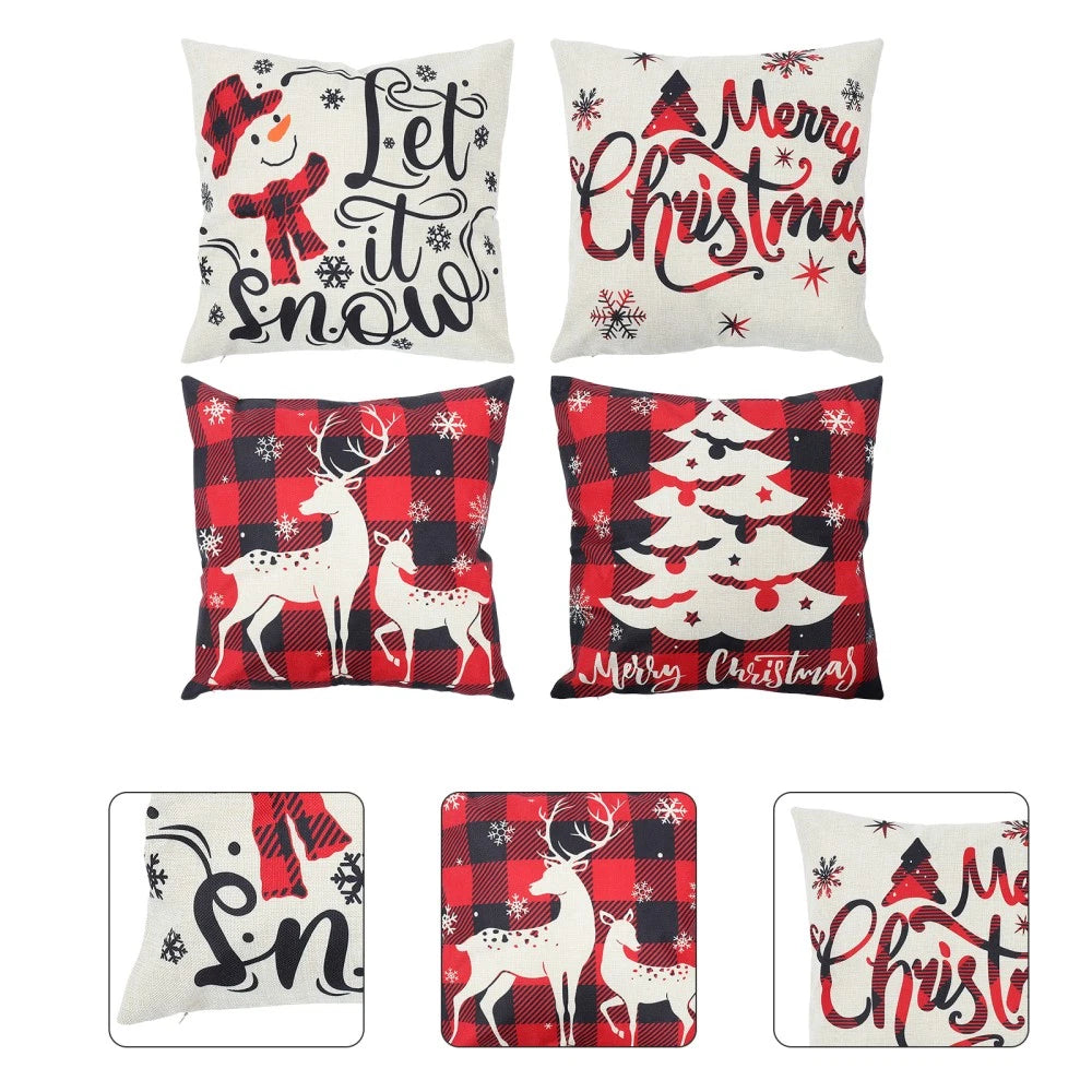 4pcs Christmas Cushion Cover Linen Printed Decorative Pillowcase for Sofa Seat