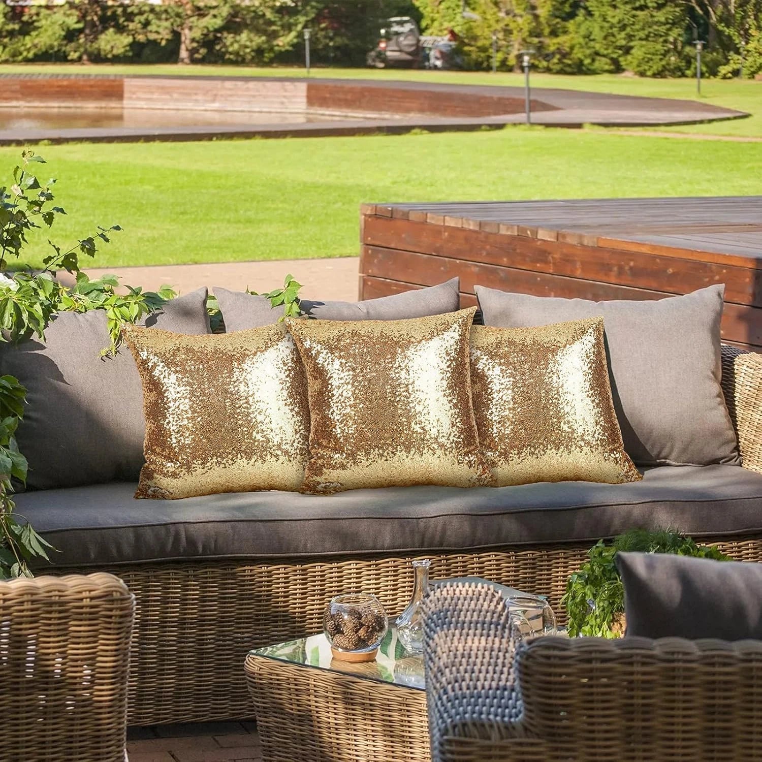 2PCS Gold Pillows Sequins Decorative Pillows,18"X18" Textile Glitter Sequins Squ