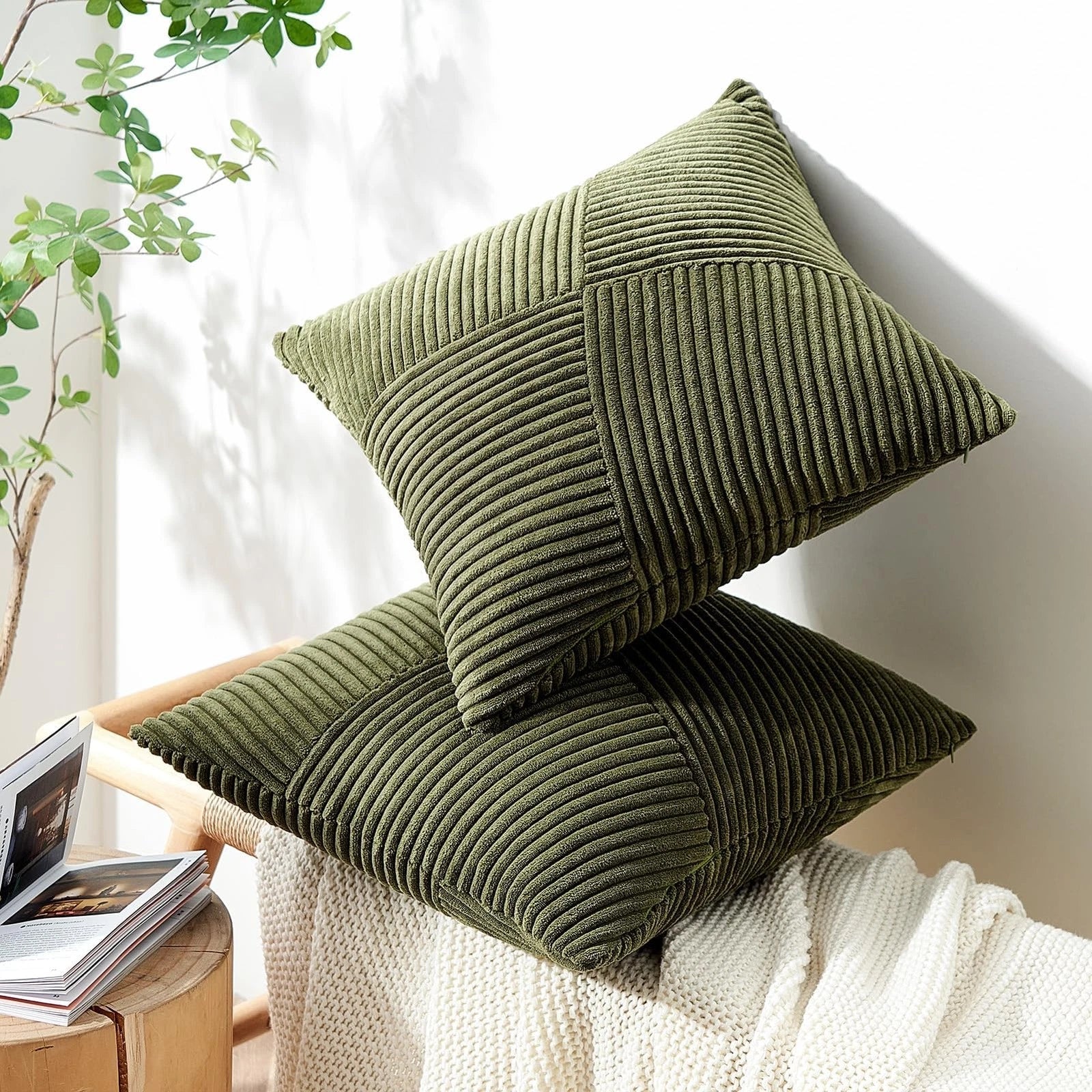 26x26 inches Euro Pillow Shams Set of 2 Olive Green Corduroy Decorative Throw...