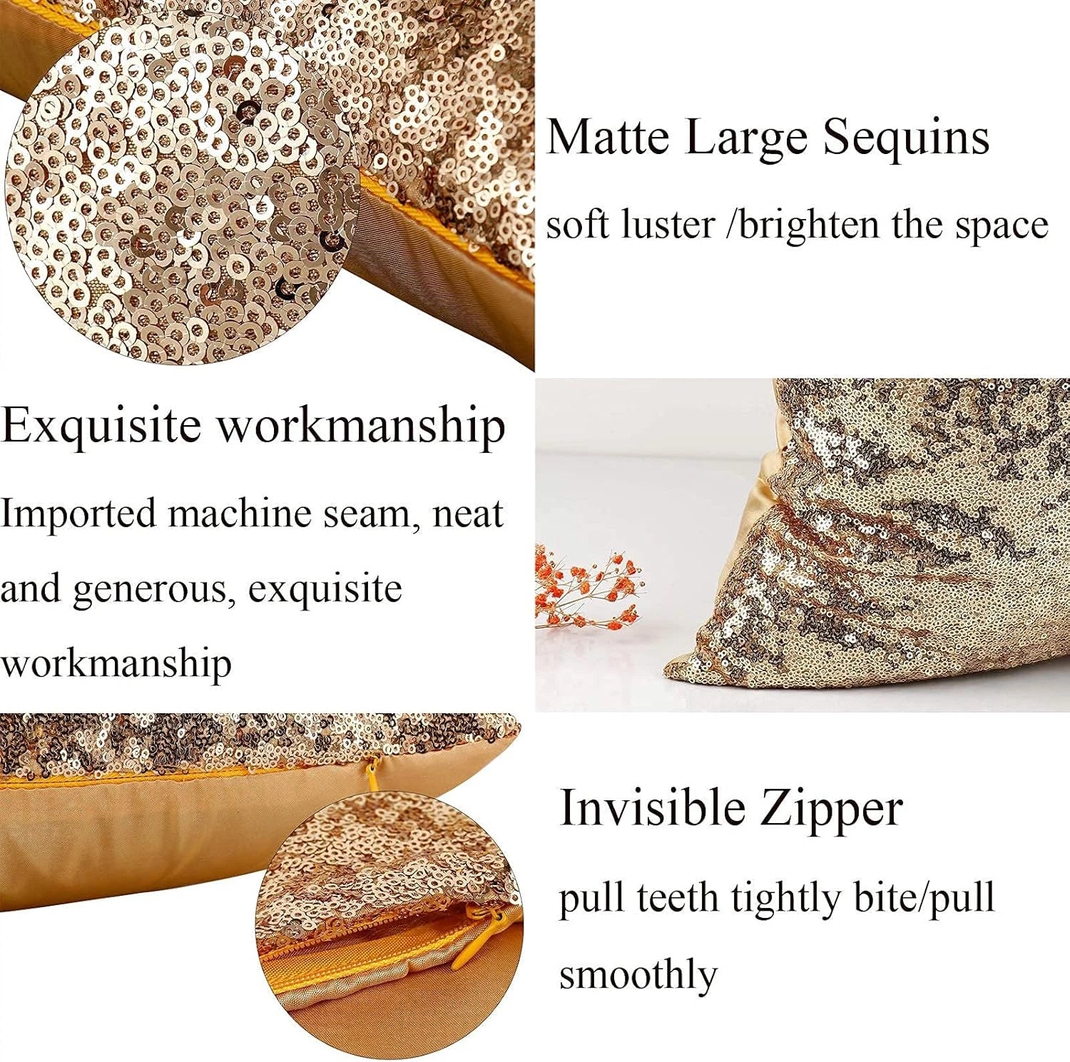 2PCS Gold Pillows Sequins Decorative Pillows,18"X18" Textile Glitter Sequins Squ