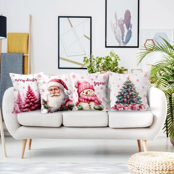 4pcs Xmas Snowman Pink Santa Claus Pillow Case Cushion Cover Sofa Home Decor