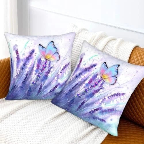 2Pcs Purple Floral Throw Pillow Case, Cute Lavender Purple Lavender Butterfly