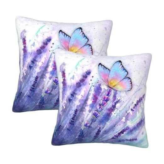 2Pcs Purple Floral Throw Pillow Case, Cute Lavender Purple Lavender Butterfly