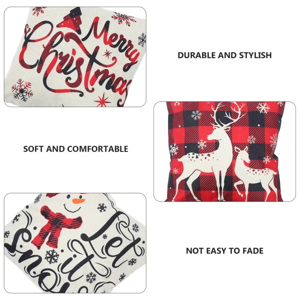 4pcs Christmas Cushion Cover Linen Printed Decorative Pillowcase for Sofa Seat