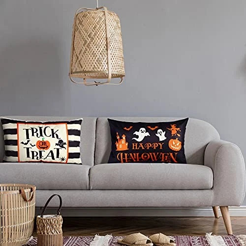 2 Pieces Happy Halloween Pillow Covers 20 x 12 Inch Ghost Cushion Cover