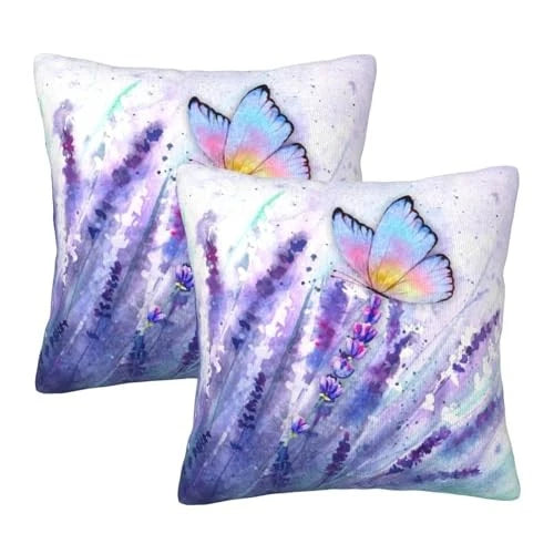 2Pcs Purple Floral Throw Pillow Case, Cute Lavender Purple Lavender Butterfly