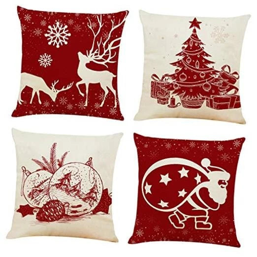 4PCS 18"x18" Throw Pillow Covers Christmas Decorative Couch Red and Beige