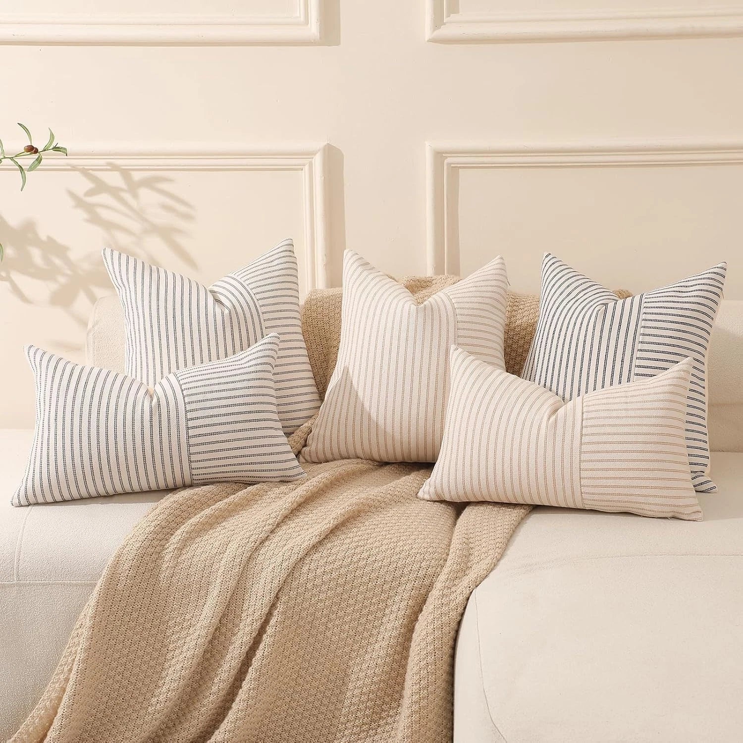 Black and Beige Patchwork Farmhouse Throw Pillows Covers 18 X 18 Inch, Pack of 2