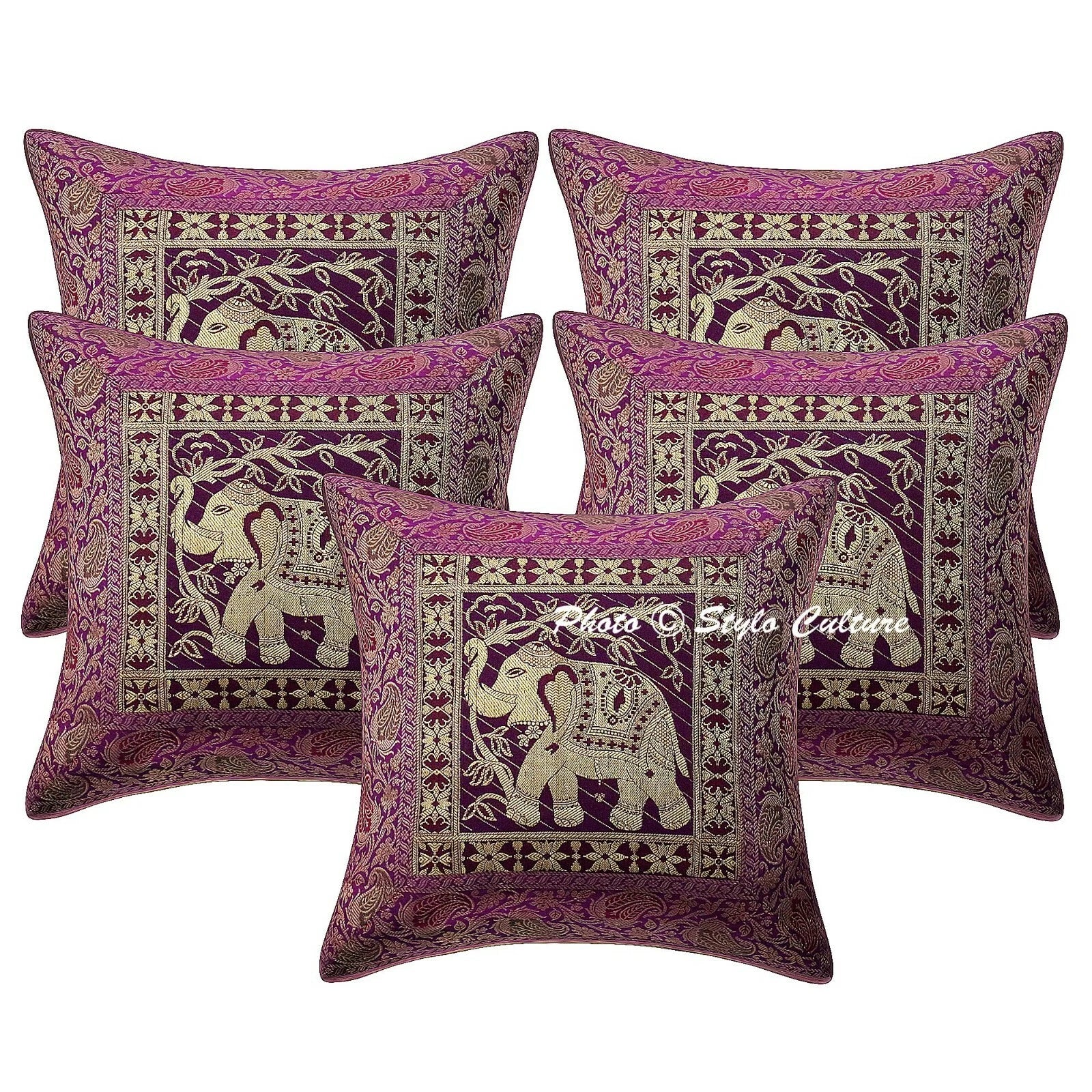Handmade Brocade Square Cushion Cover Purple Elephant Sofa Pillow Cover