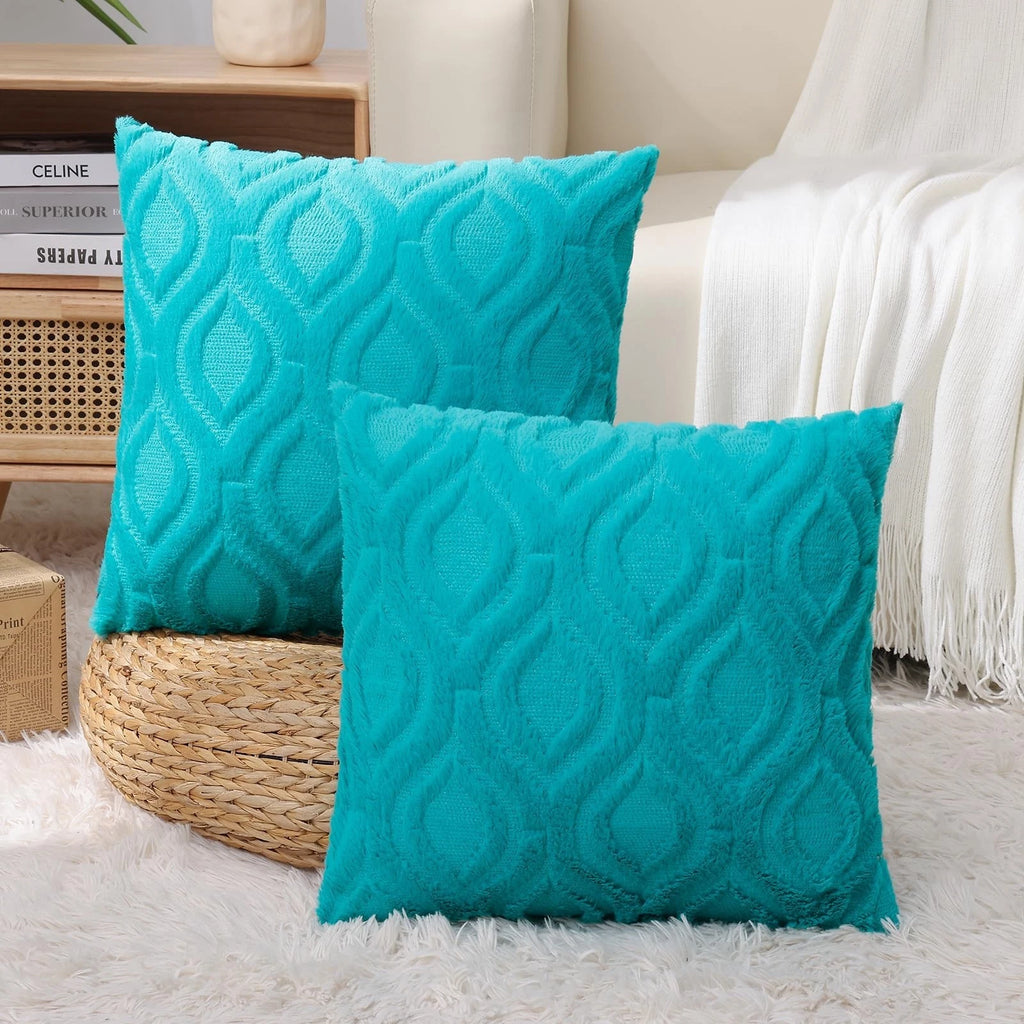 decorUhome Throw Pillow Covers 22x22 Inch Set of 2, Soft Plush Faux Wool Turq...