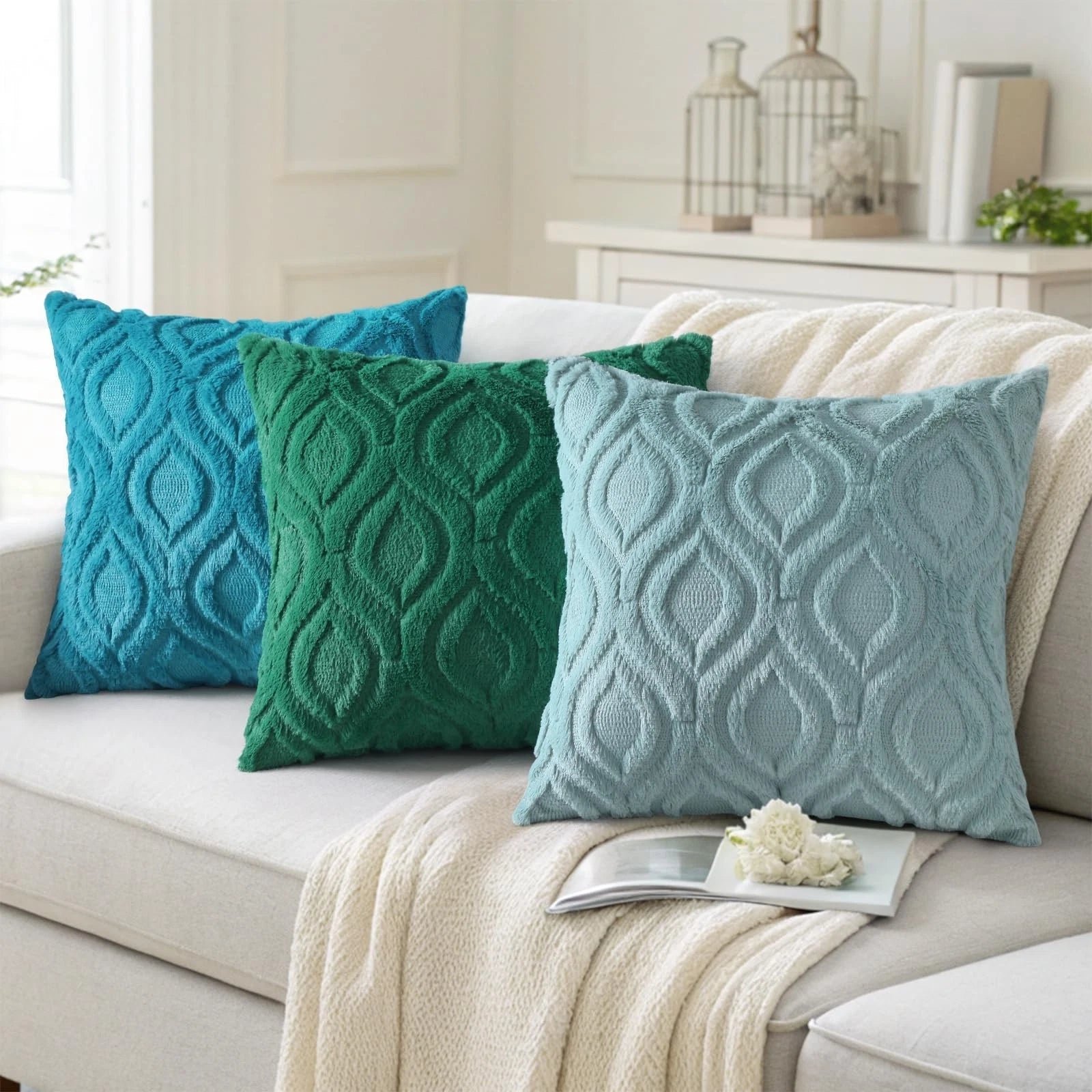 decorUhome Throw Pillow Covers 22x22 Inch Set of 2, Soft Plush Faux Wool Turq...