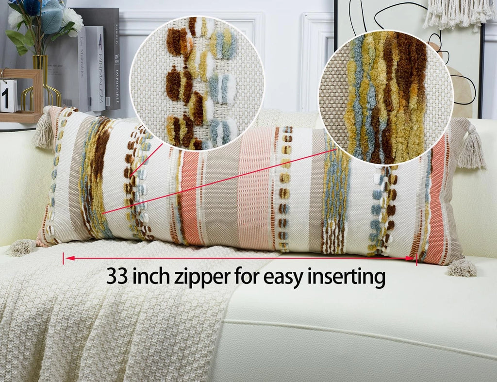 Boho Long Lumbar Throw Pillow Cover 14 x 36 Orange, Chenille Morocan Extra Lo...