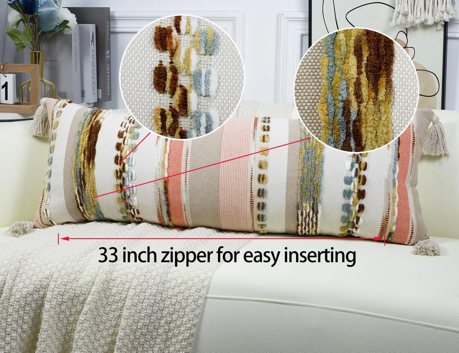 Boho Long Lumbar Throw Pillow Cover 14 x 36 Orange, Chenille Morocan Extra Lo...