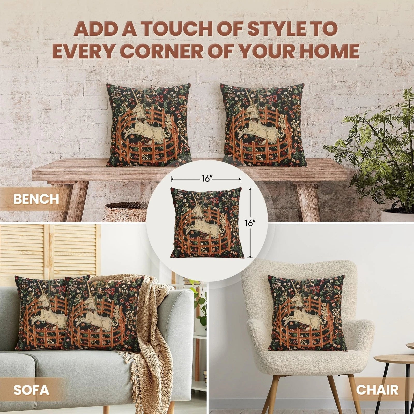 Charlotte Home Furnishings Couch Pillow Covers 16X16 in, Unicorn Decorative T...