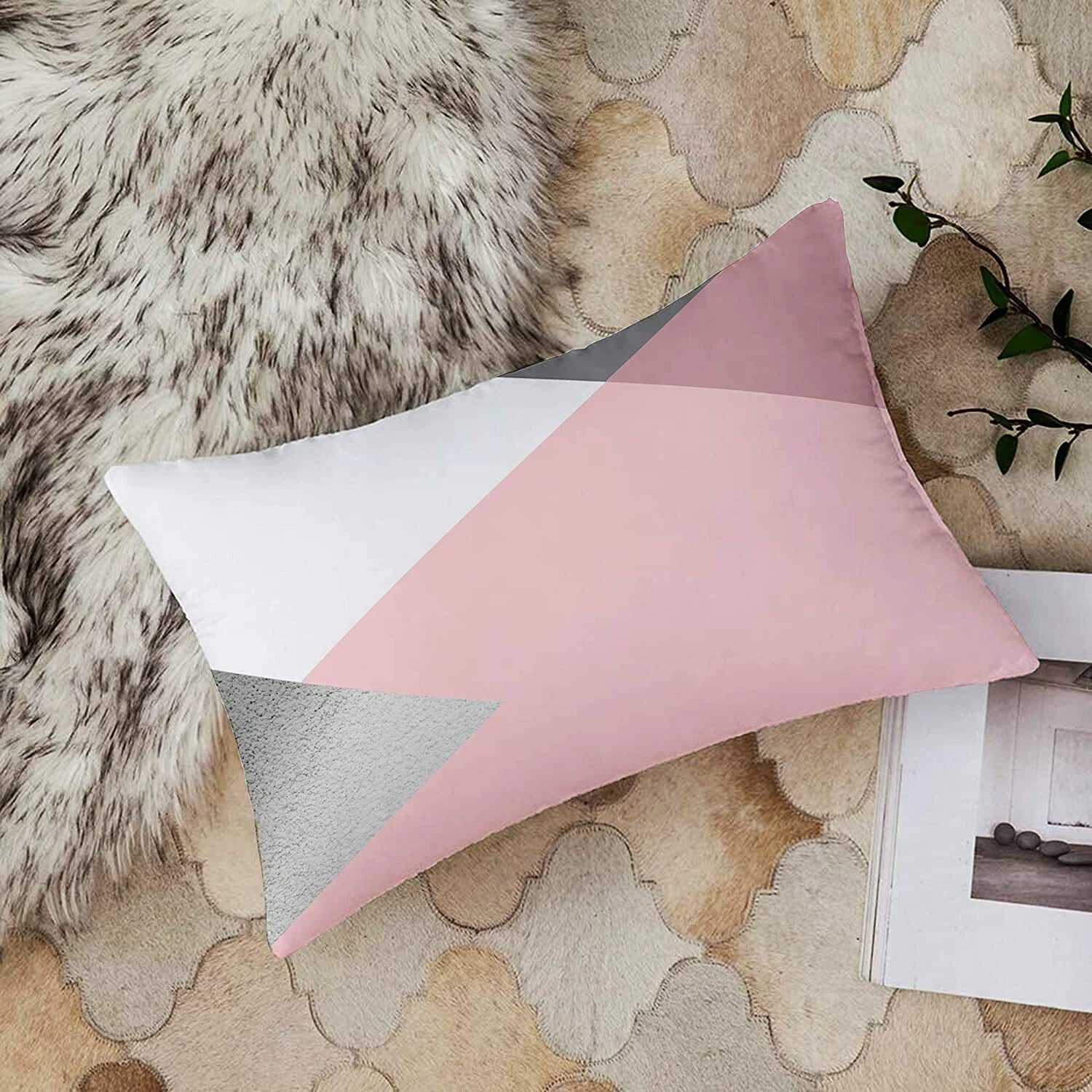 Pink & Grey Geometrical Printed Canvas Cotton Cushion Covers, Set of 2