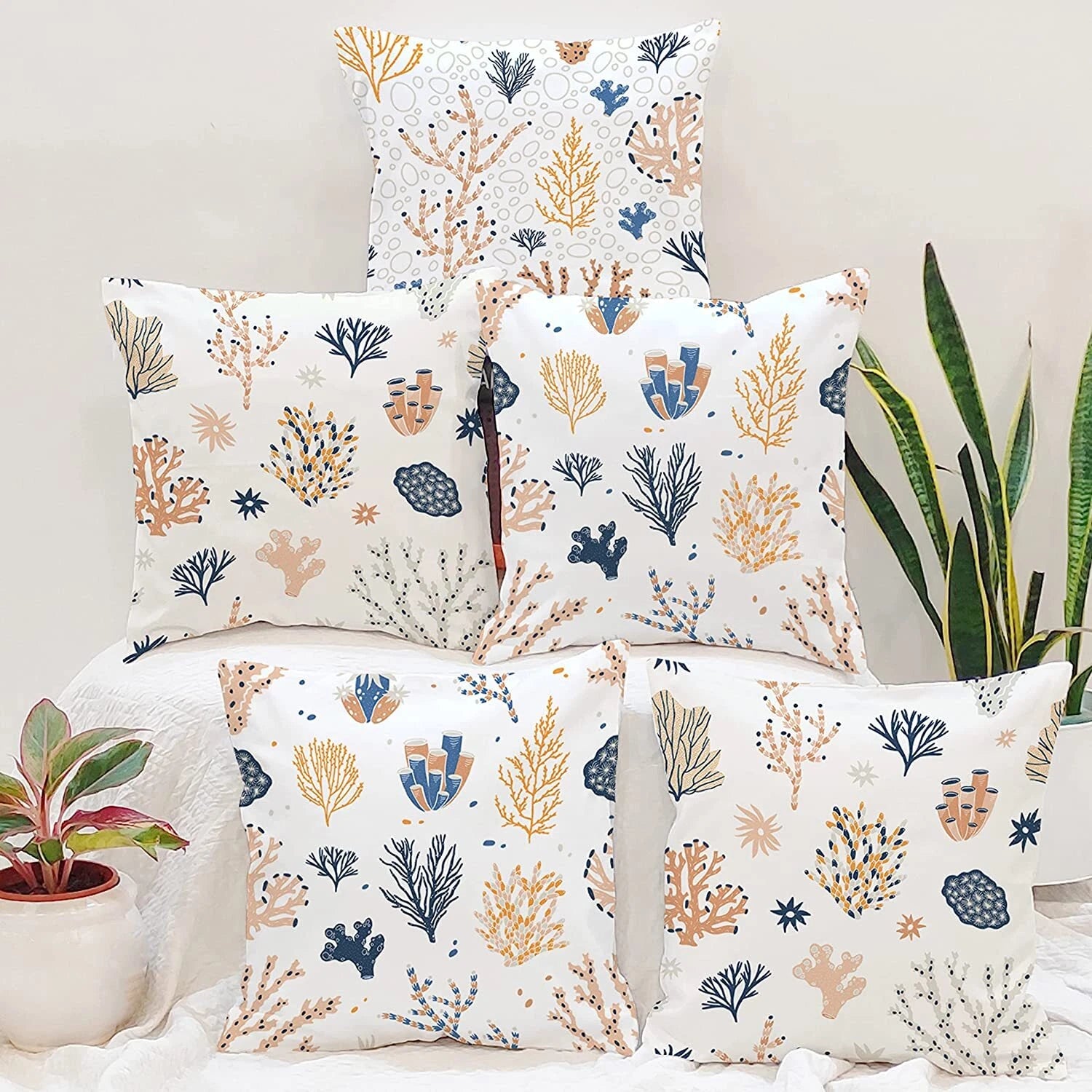 Printed Cotton Canvas Cushion Covers, Set of 5 ( 16 x 16 Inches )