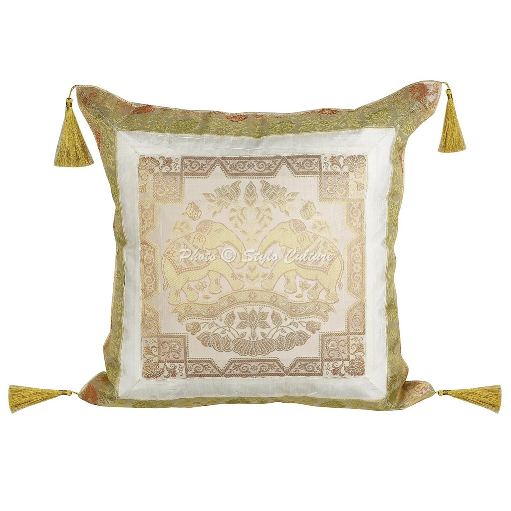 White Cushion Cover Brocade Jacquard Gypsy Elephant Tribal Hippie Pillow