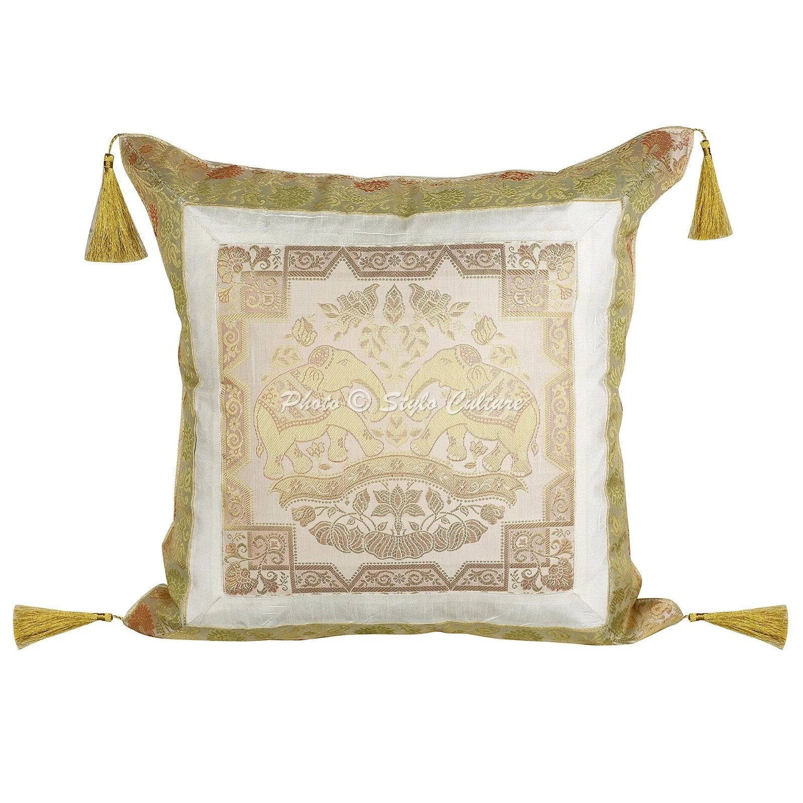 White Cushion Cover Brocade Jacquard Gypsy Elephant Tribal Hippie Pillow