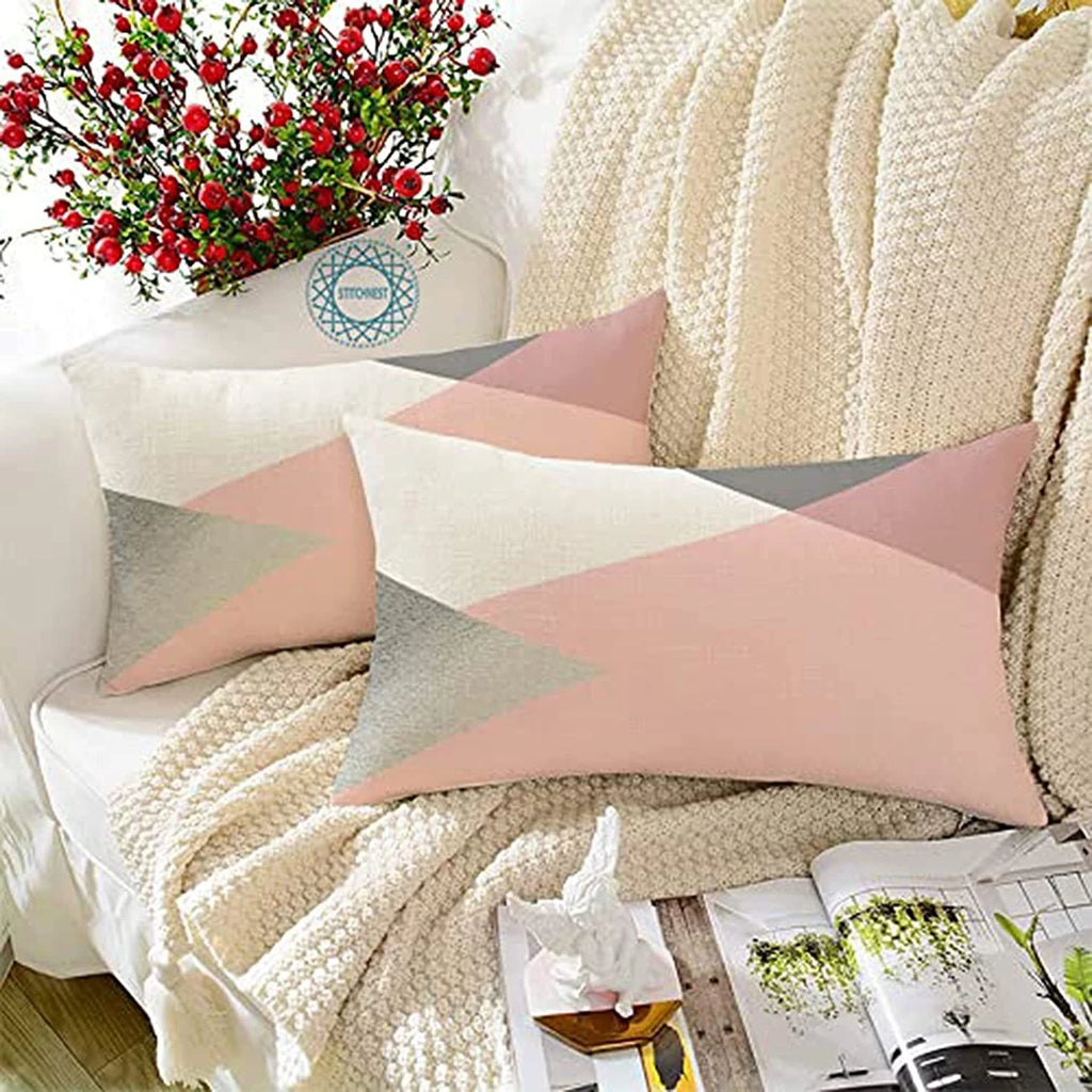 Pink & Grey Geometrical Printed Canvas Cotton Cushion Covers, Set of 2