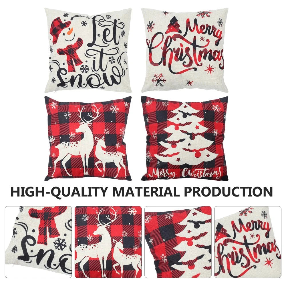 4pcs Christmas Cushion Cover Linen Printed Decorative Pillowcase for Sofa Seat