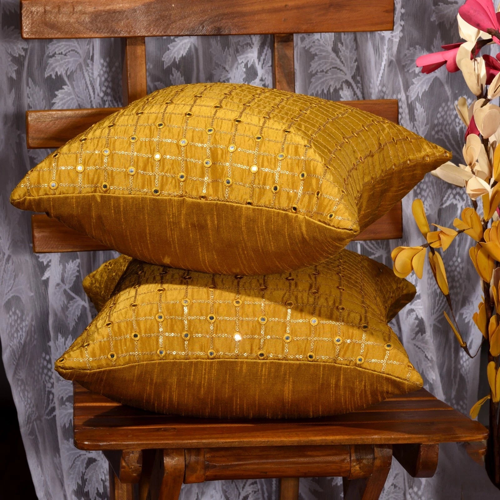 living room gold decorative pillow 18x18 mustard yellow throw pillow for sofa 2p
