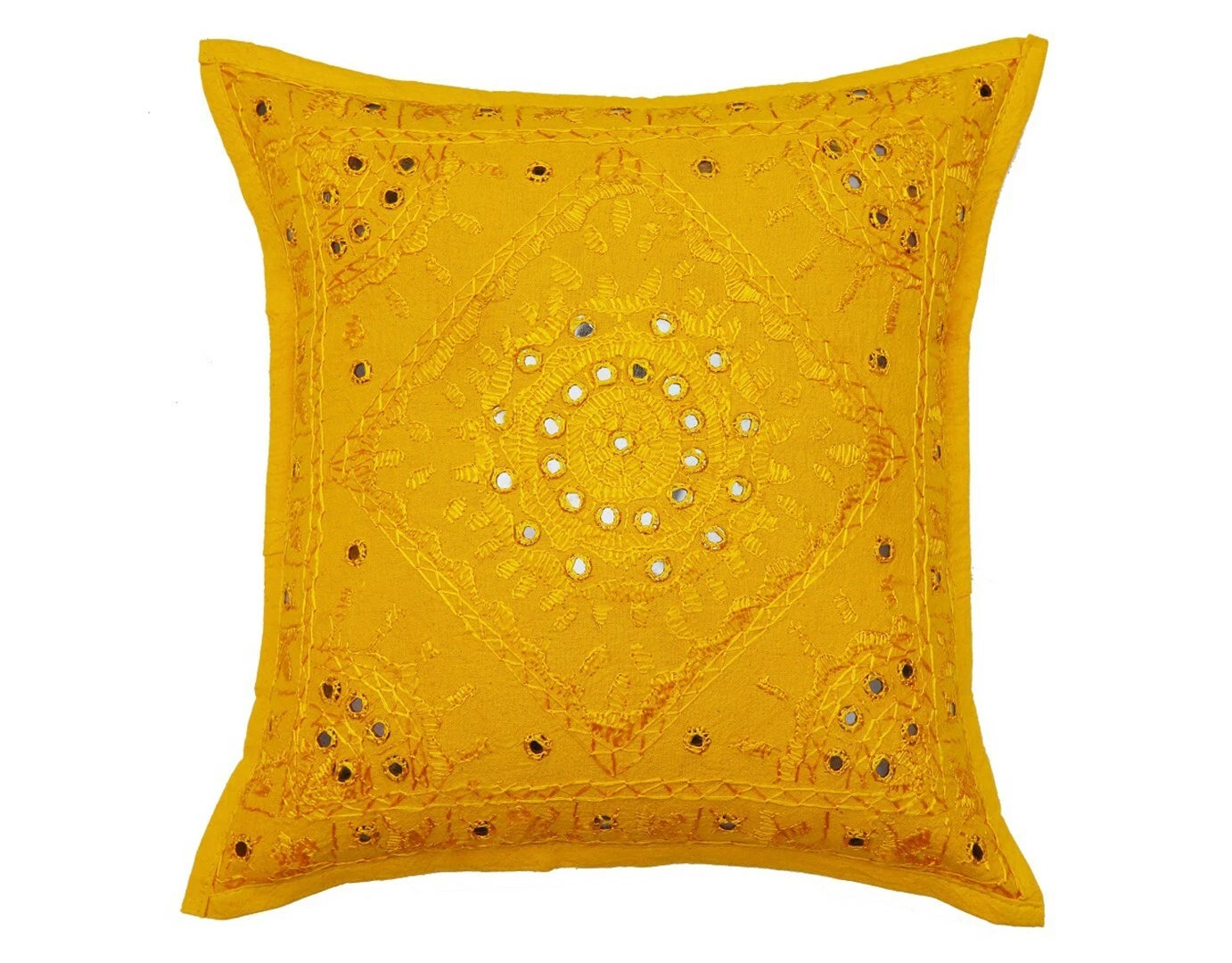 16" Decorative Mirror Embroidered Pucca Cushion Pillow-Cover Sofa Throw Yellow