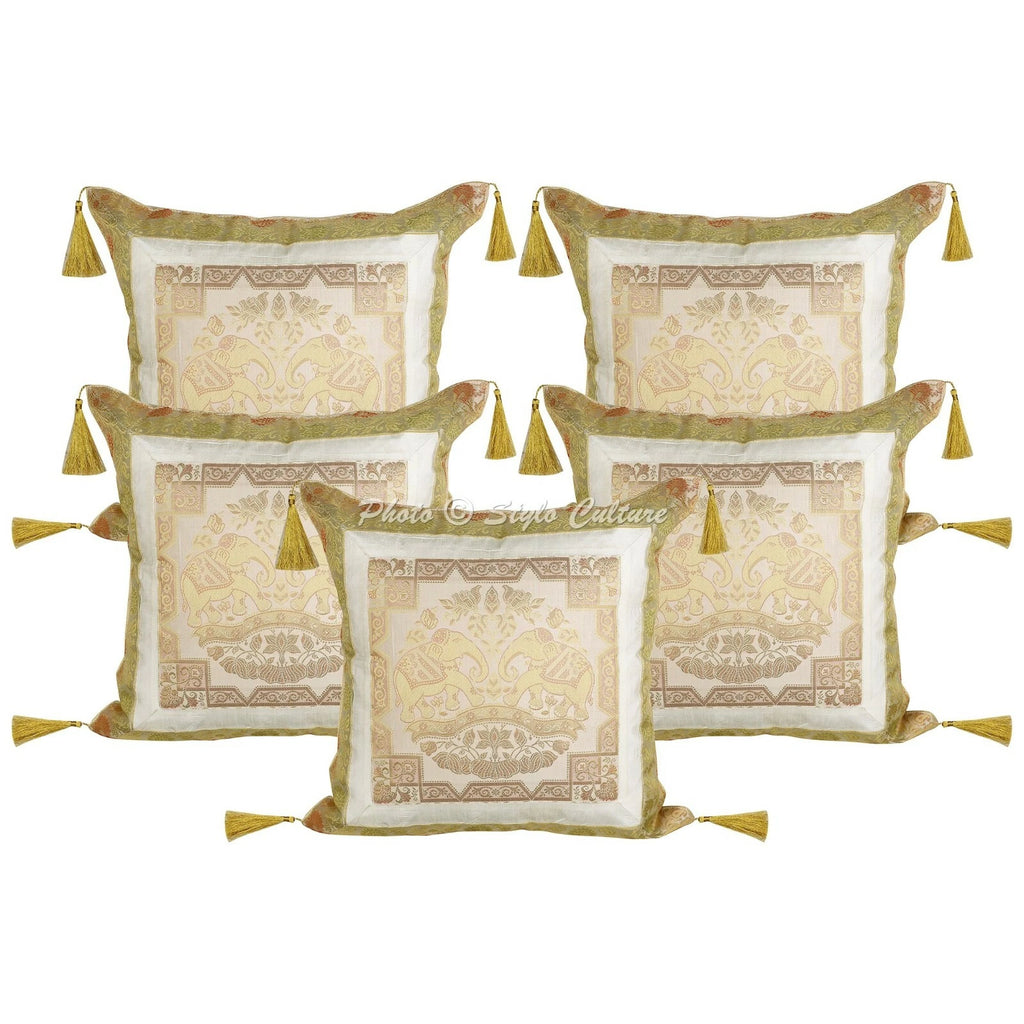 White Cushion Cover Brocade Jacquard Gypsy Elephant Tribal Hippie Pillow