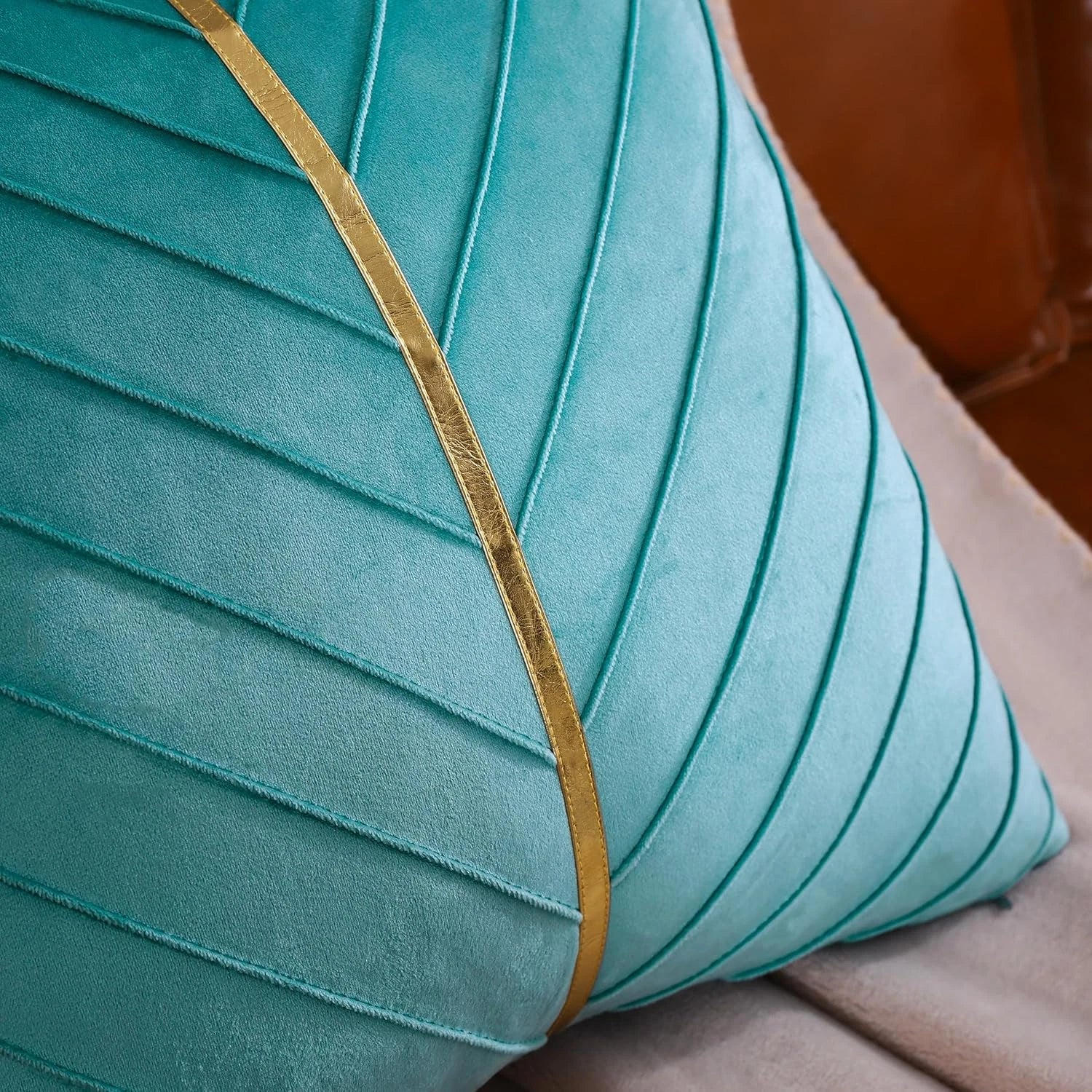 Tosleo Aqua Green Velvet Throw Pillow Covers 16X16 Inch Pack of 2 with Gold Leat