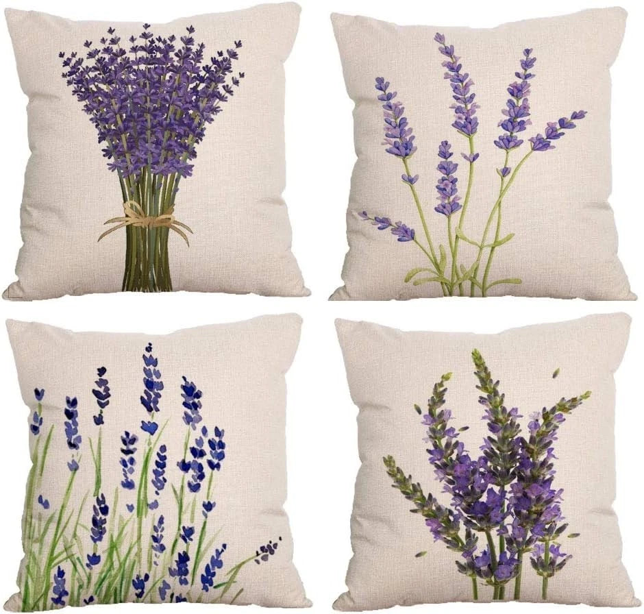 Vibrant HD Print Pillow Covers 18x18 - Lavender Flower Set of 4 for Sofa and Bed