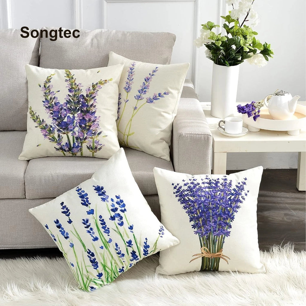 Vibrant HD Print Pillow Covers 18x18 - Lavender Flower Set of 4 for Sofa and Bed