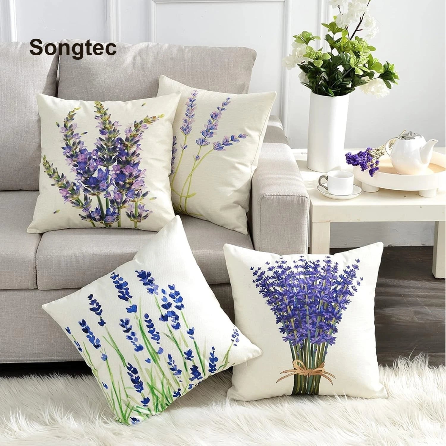 Vibrant HD Print Pillow Covers 18x18 - Lavender Flower Set of 4 for Sofa and Bed