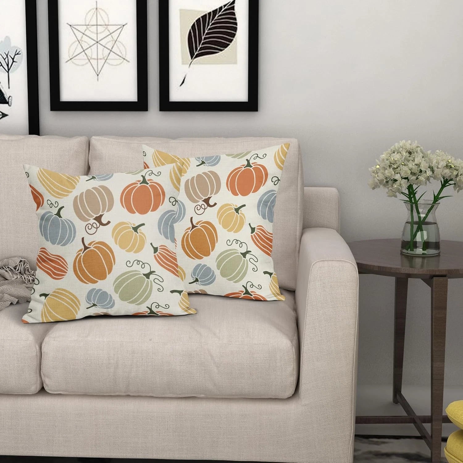 Fall Pillow Covers 20X20 Set of 2 Thanksgiving Themed Blue Yellow Orange Pumpkin
