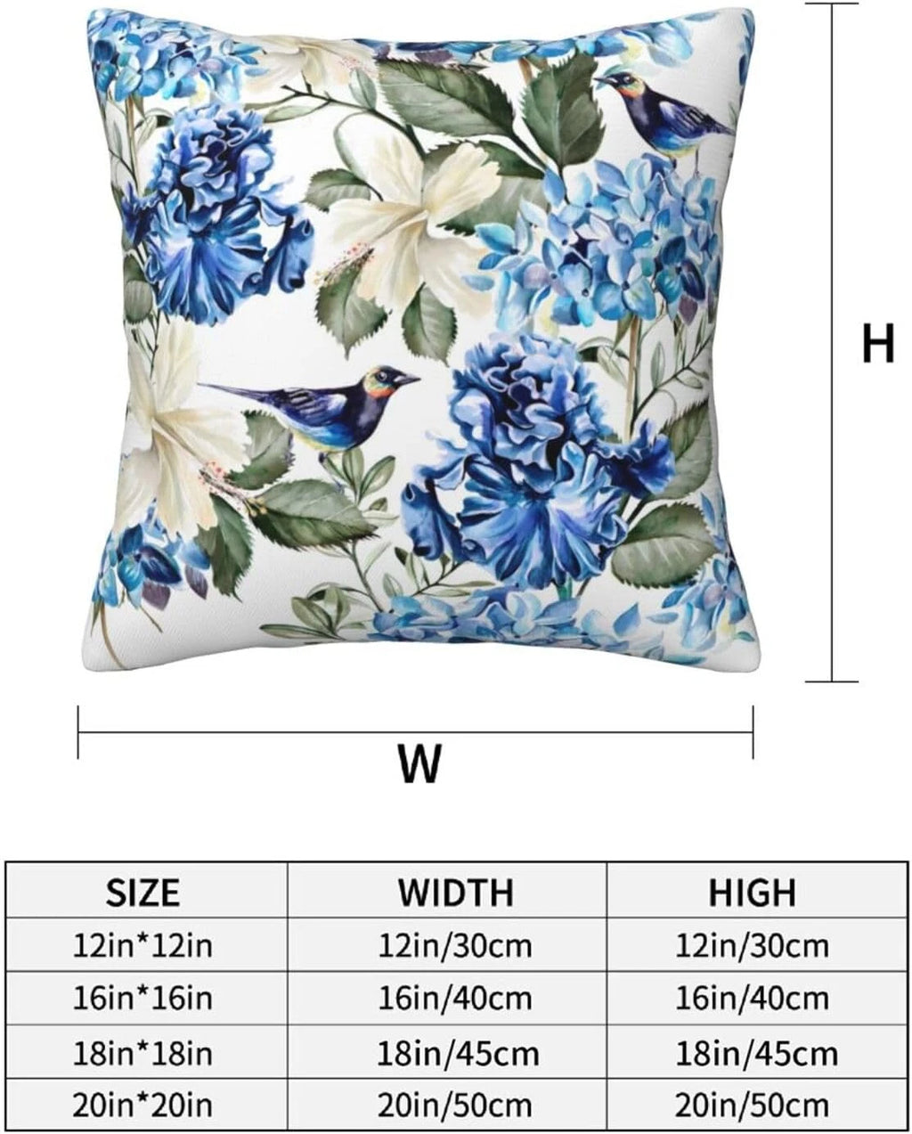 Blue and White Floral Pillow Covers 18X18 Set of 2, Spring Hydrangea Hibiscus Fl