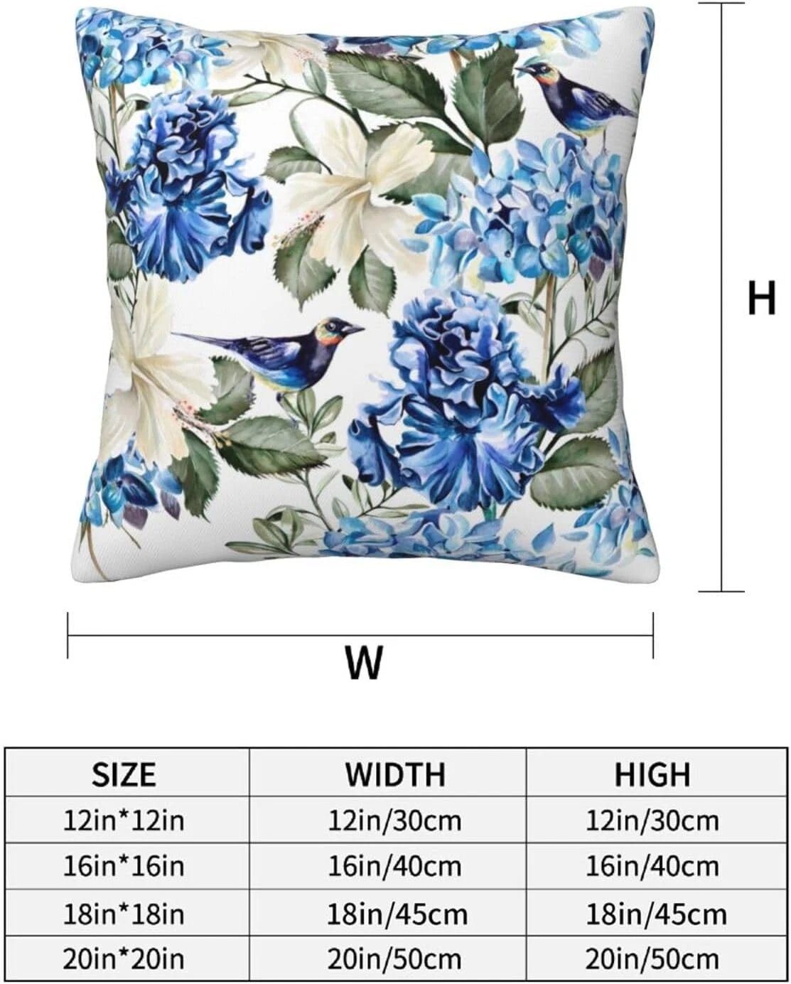 Blue and White Floral Pillow Covers 18X18 Set of 2, Spring Hydrangea Hibiscus Fl