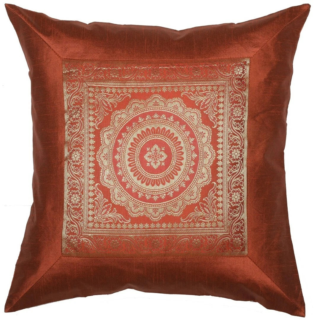 16" Indian Mandala Dupion Brocade Silk Ethnic Decor Cushion/Pillow Cover Sienna
