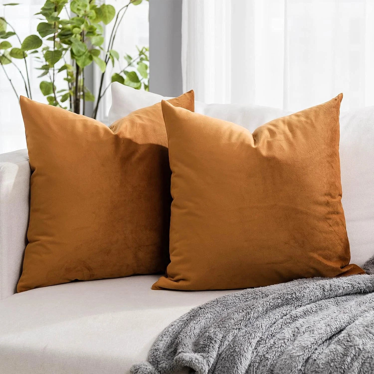 Burnt Orange Soft Velvet Throw Pillow Covers 18X18 Inch Set of 2 for Sofa Couch