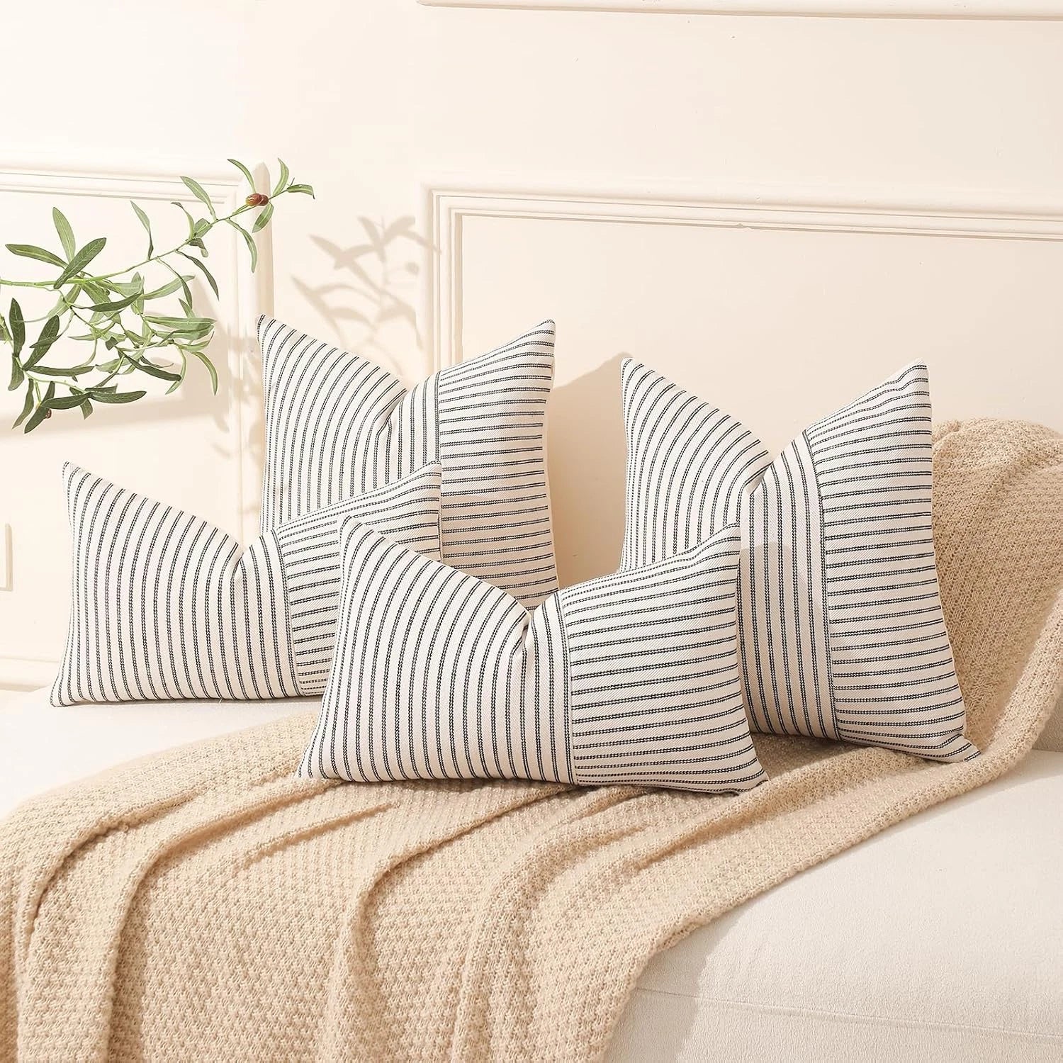 Black and Beige Patchwork Farmhouse Throw Pillows Covers 18 X 18 Inch, Pack of 2