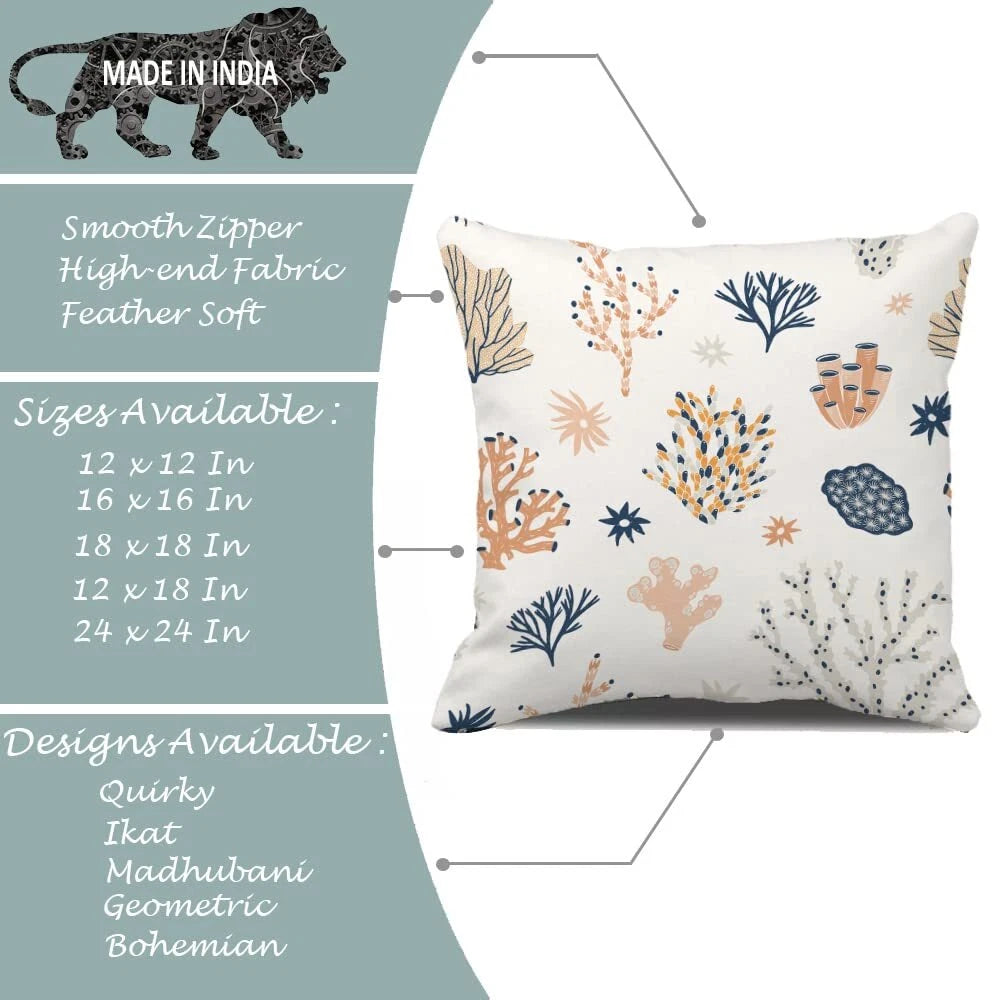 Printed Cotton Canvas Cushion Covers, Set of 5 ( 16 x 16 Inches )