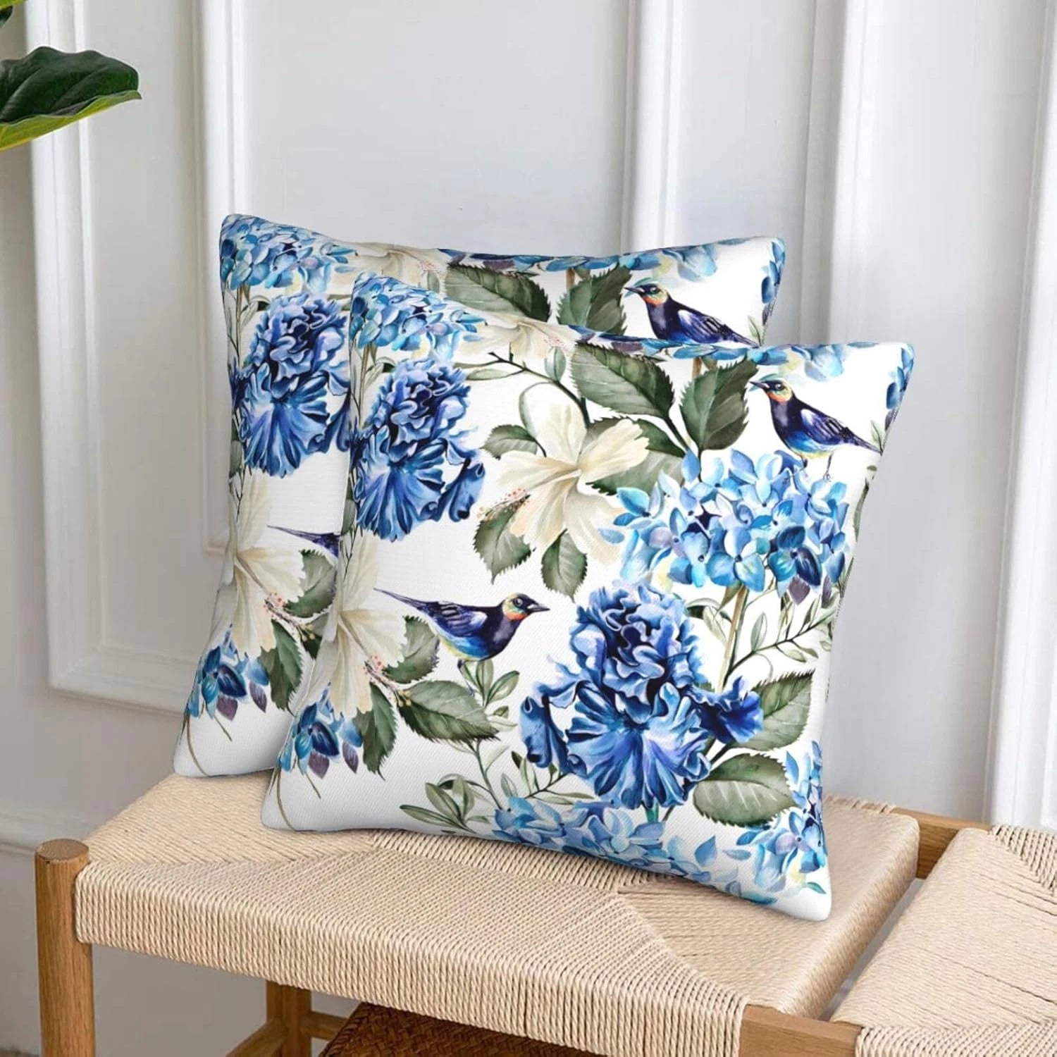 Blue and White Floral Pillow Covers 18X18 Set of 2, Spring Hydrangea Hibiscus Fl