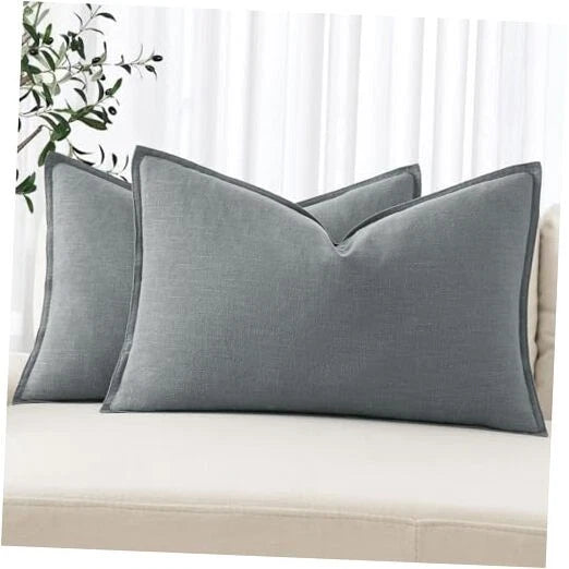Decorative Linen Lumbar Pillow Covers 1x0 Inch 20" x 12" (Pack of 2) 2 Gray