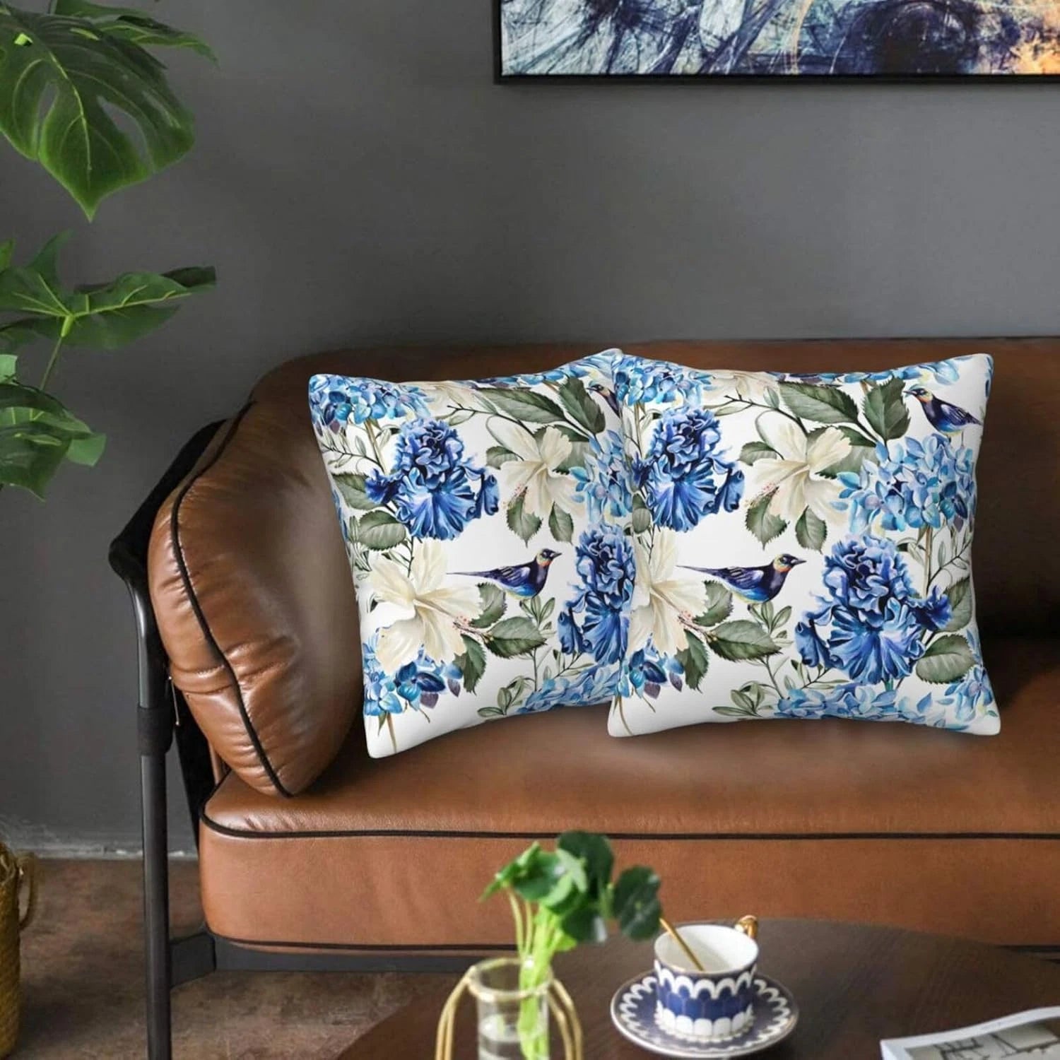 Blue and White Floral Pillow Covers 18X18 Set of 2, Spring Hydrangea Hibiscus Fl