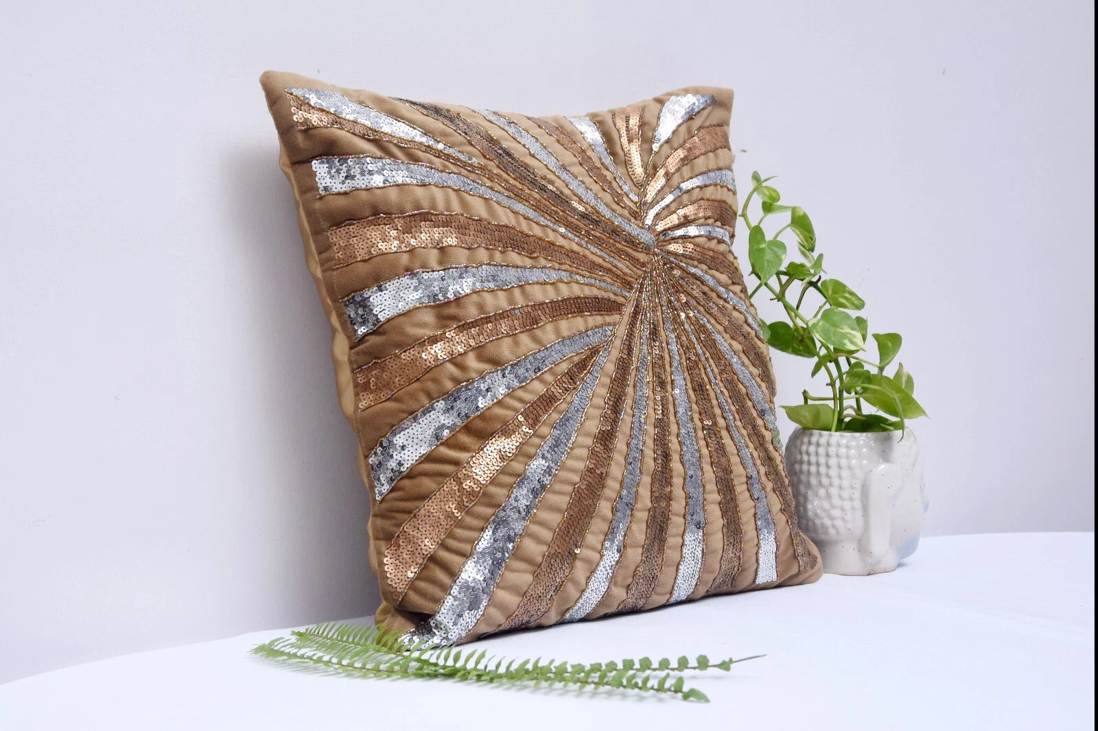 Handmade Golden Silver Pearl Beaded Cushion 16X16 Set of 2 Couch cushion