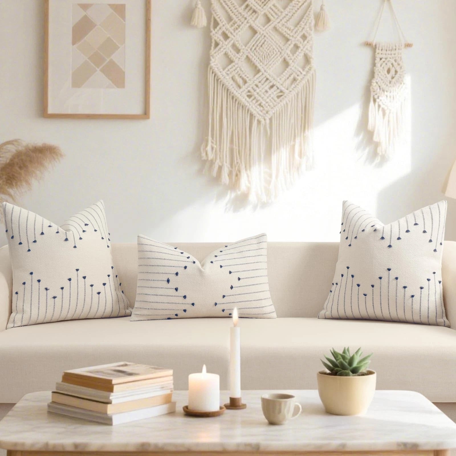 Boho Throw Pillow Covers 22x22 Set of 2 Neutral Woven Decorative Pillowcases ...