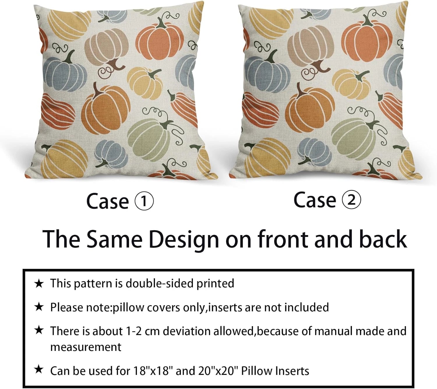 Fall Pillow Covers 20X20 Set of 2 Thanksgiving Themed Blue Yellow Orange Pumpkin