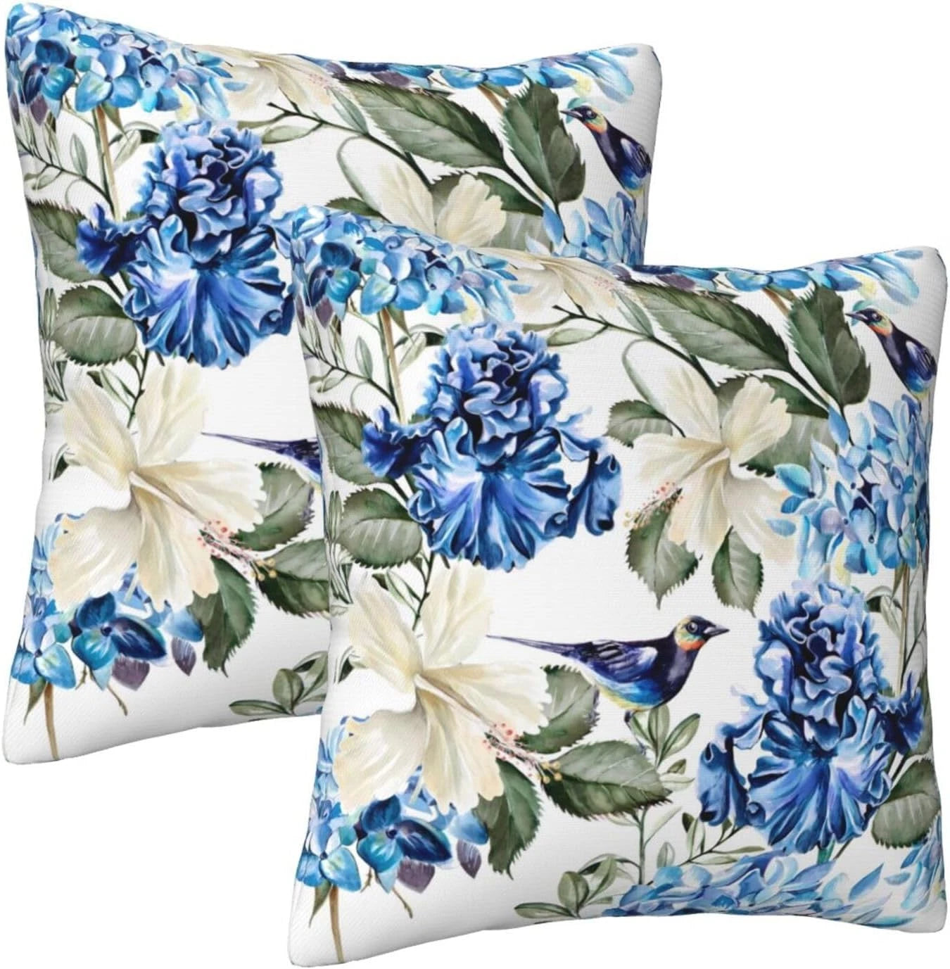 Blue and White Floral Pillow Covers 18X18 Set of 2, Spring Hydrangea Hibiscus Fl